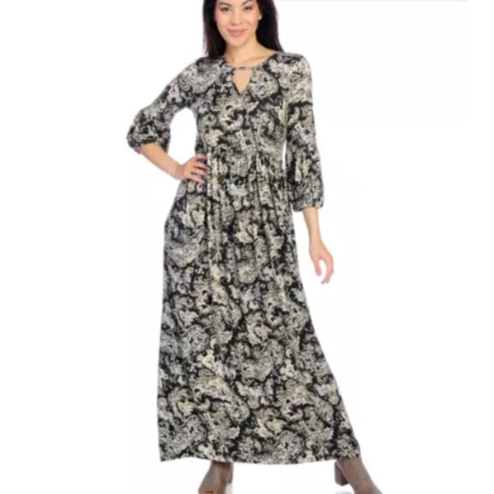 New One World Women's Printed Knit Lantern Sleeve Lace Keyhole Maxi Dress SZ 2X